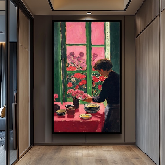 Matisse Style Kitchen Window Pink Flowers Bold Color Interior Poster