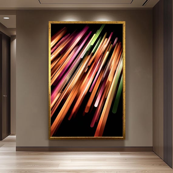 Vertical Neon Light Beams In Warm Gradient Colors On Black Canvas Wall Art For Modern Abstract And Contemporary Room Decor Colorful Artwork