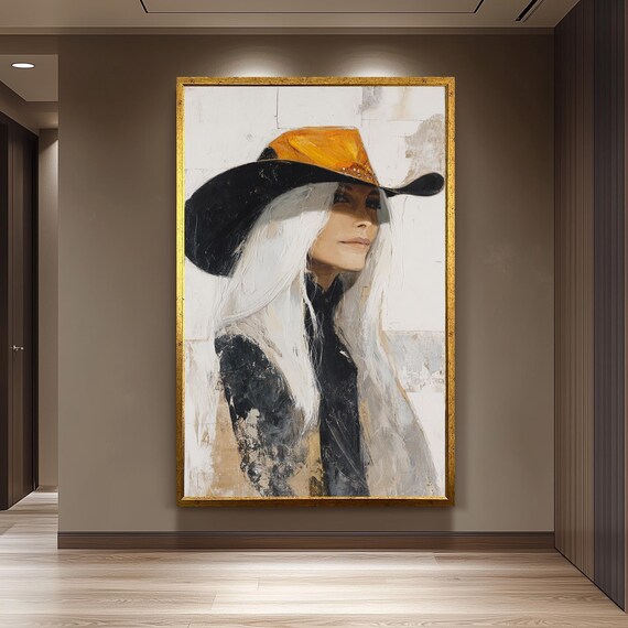 White Haired Cowgirl Abstract Oil Painting Western Portrait Poster
