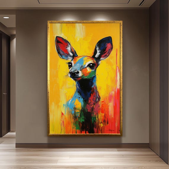 Colorful Deer Pop Art Portrait Painting On Canvas Abstract Animal Wall With Vibrant Yellow Background For Modern Home Decor Print