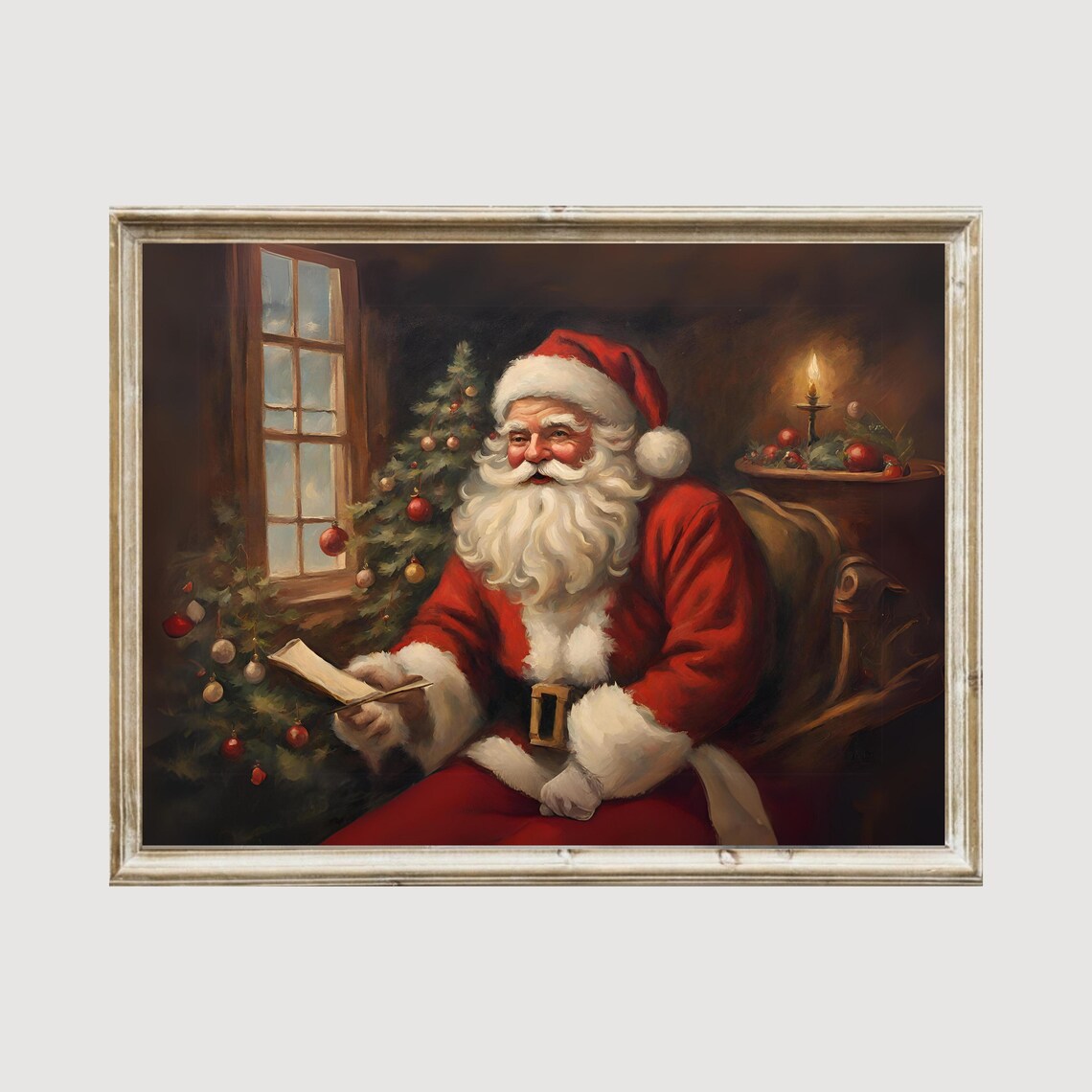 Santa Reading Book, Vintage Christmas Oil Painting