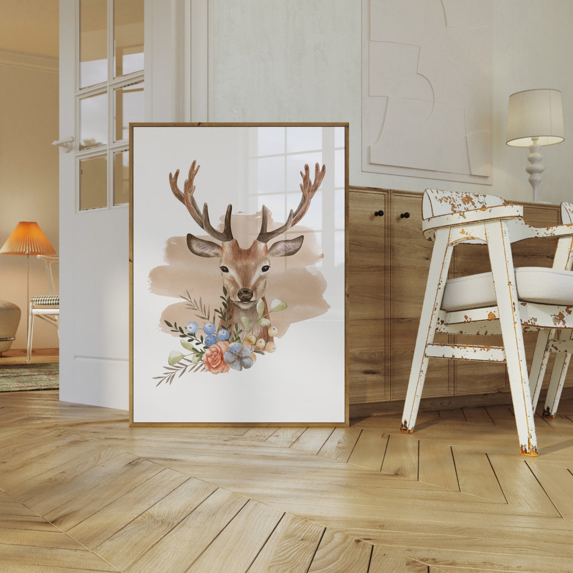 Watercolor Deer Head Floral Wreath Antlers Christmas Wall Art - Image 2