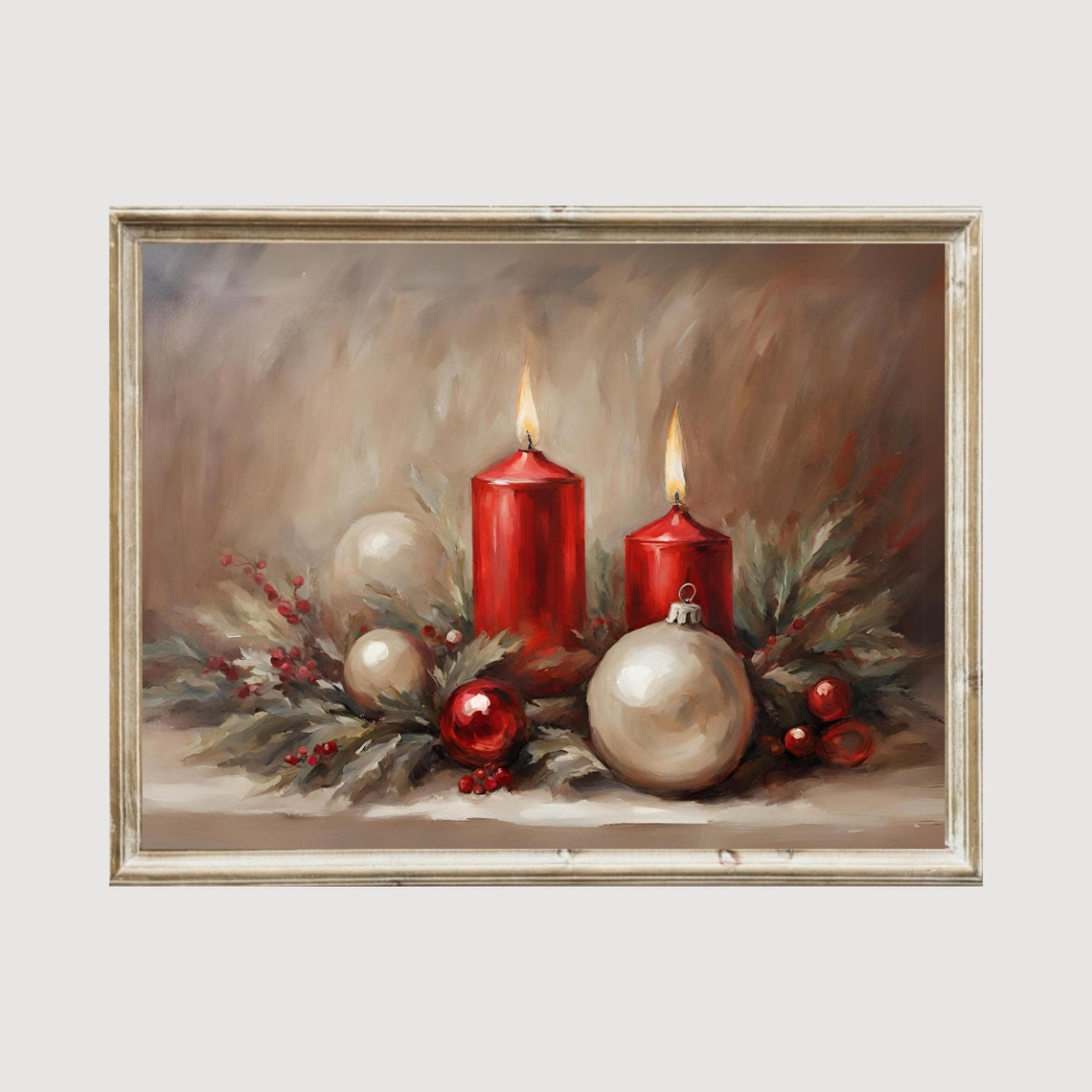 Red Candles Ornaments Christmas Still Life Oil Painting Wall Art - Image 2