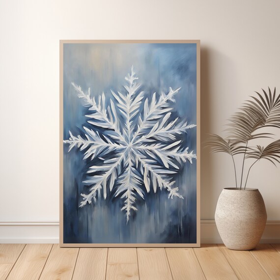 Blue Snowflake Oil Painting Winter Wonderland Elegant Wall Art
