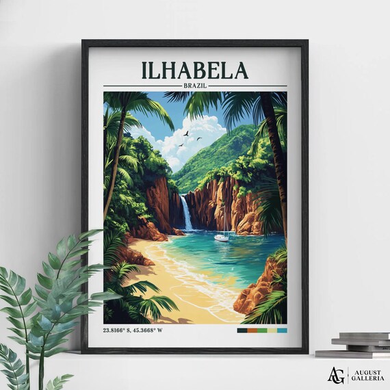 Ilhabela Brazil Retro Travel Waterfall Beach Island Vintage Art Poster