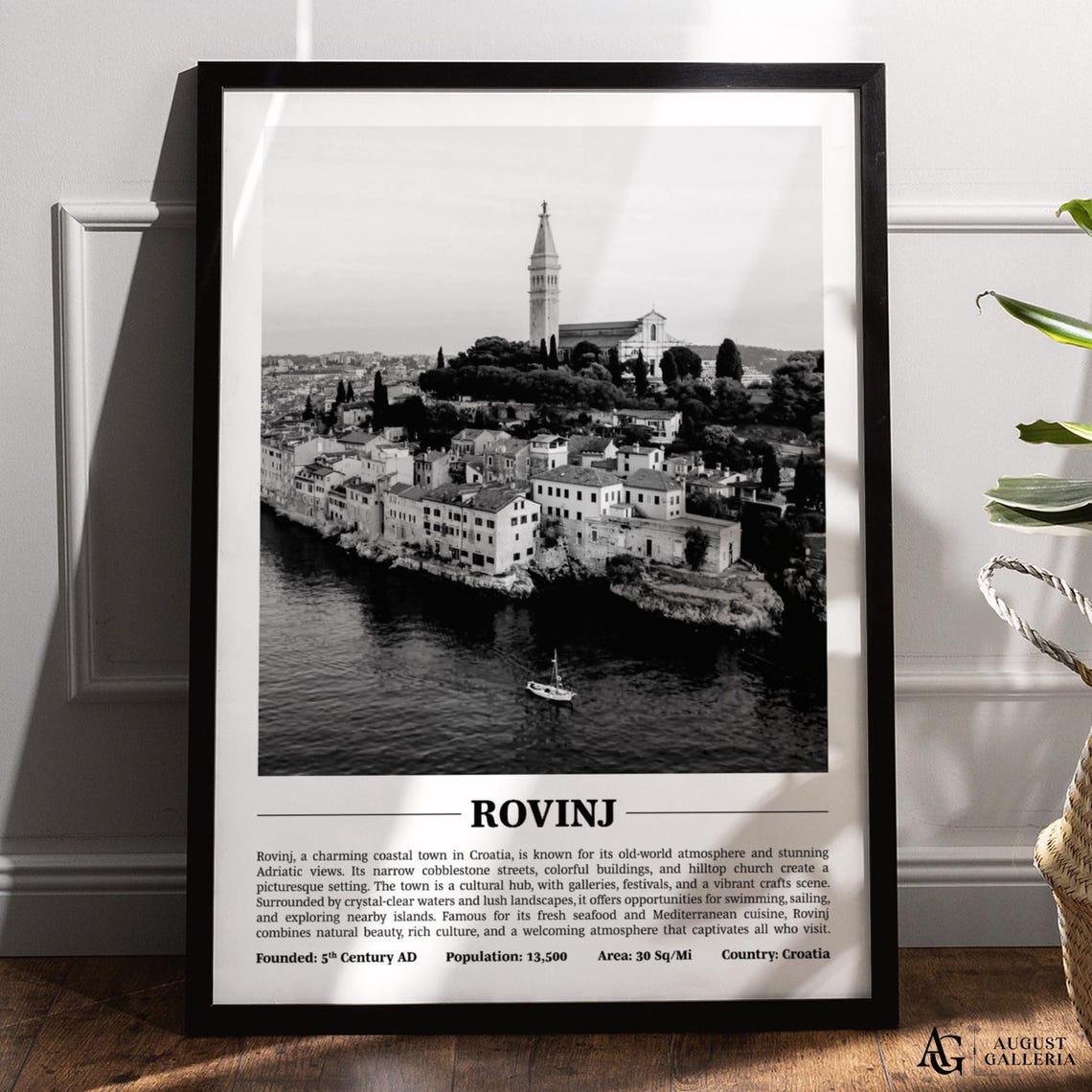 Rovinj Croatia Harbor Old Town Black and White Coastal Poster