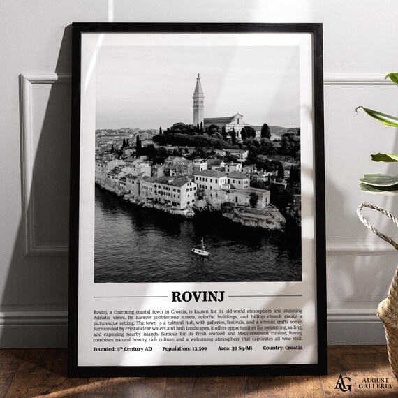 Rovinj Croatia Harbor Old Town Black and White Coastal Poster