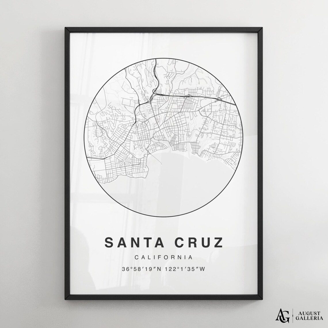 Santa Cruz California Minimalist Black and White City Map Poster