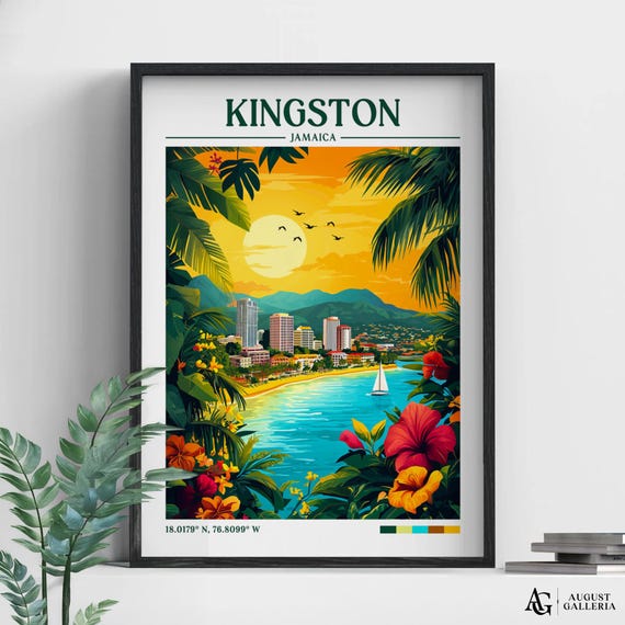 Kingston Jamaica Retro Travel Print Wanderlust Posters Illustration Wall Art Framed Prints Canvas Poster