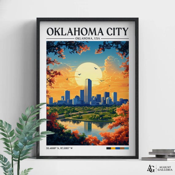 Oklahoma City Retro Travel Print Wall Art Framed Canvas Poster Illustration Wanderlust