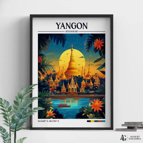 Yangon Myanmar Retro Travel Poster