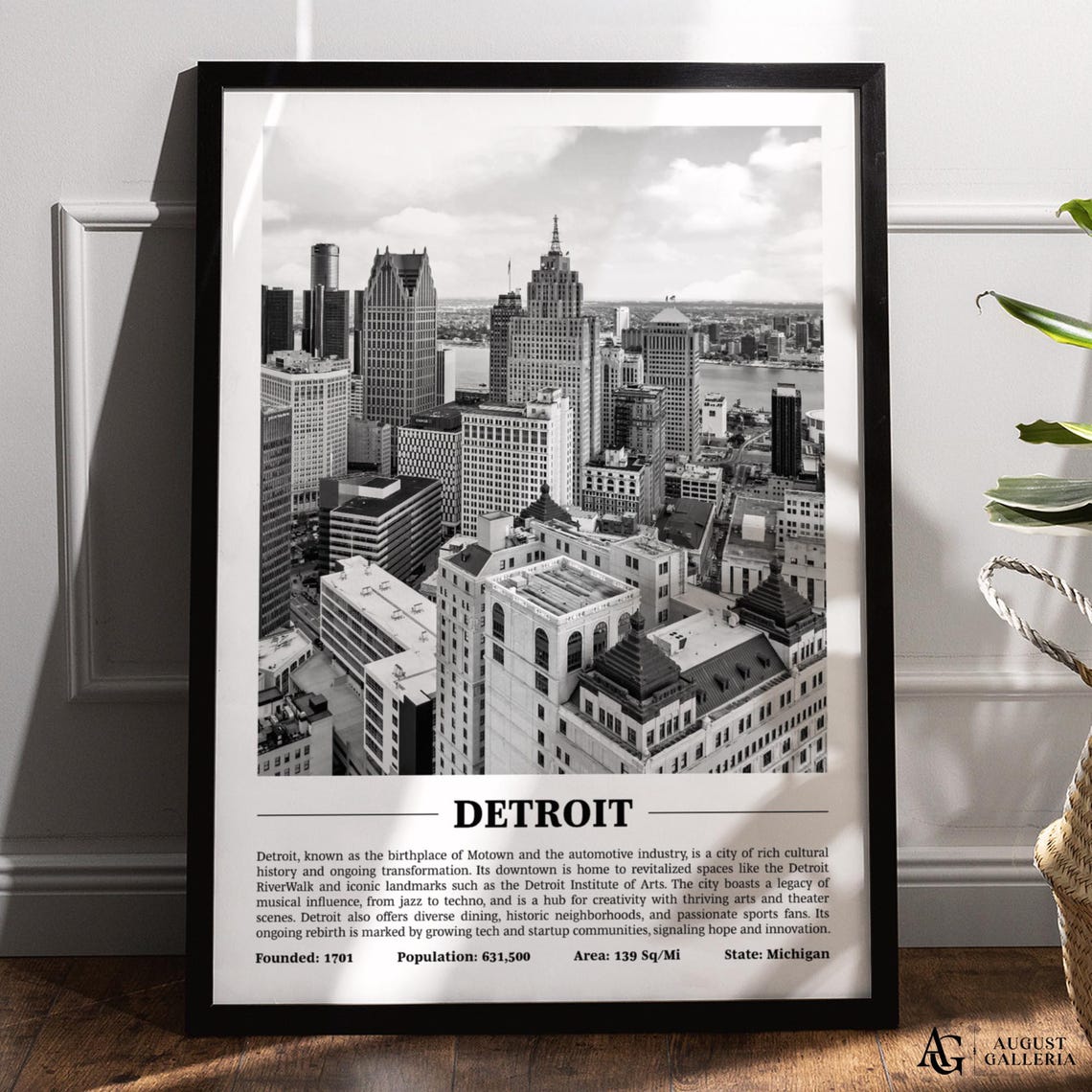 Detroit Michigan Black And White Downtown Skyline Motor City Poster