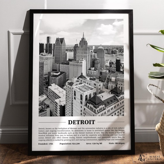 Detroit Michigan Black And White Downtown Skyline Motor City Poster