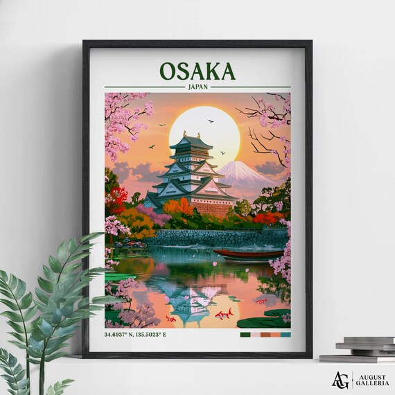 Osaka Japan Retro Travel Poster Castle Cherry Blossoms Sunset