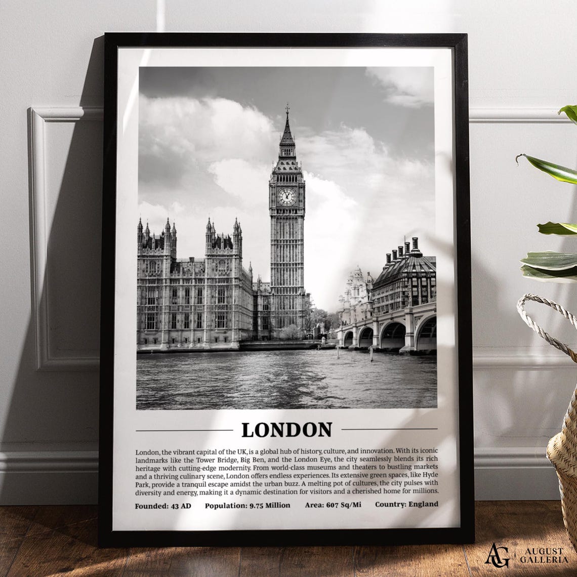 London Black and White Big Ben Parliament River Thames Photo Poster