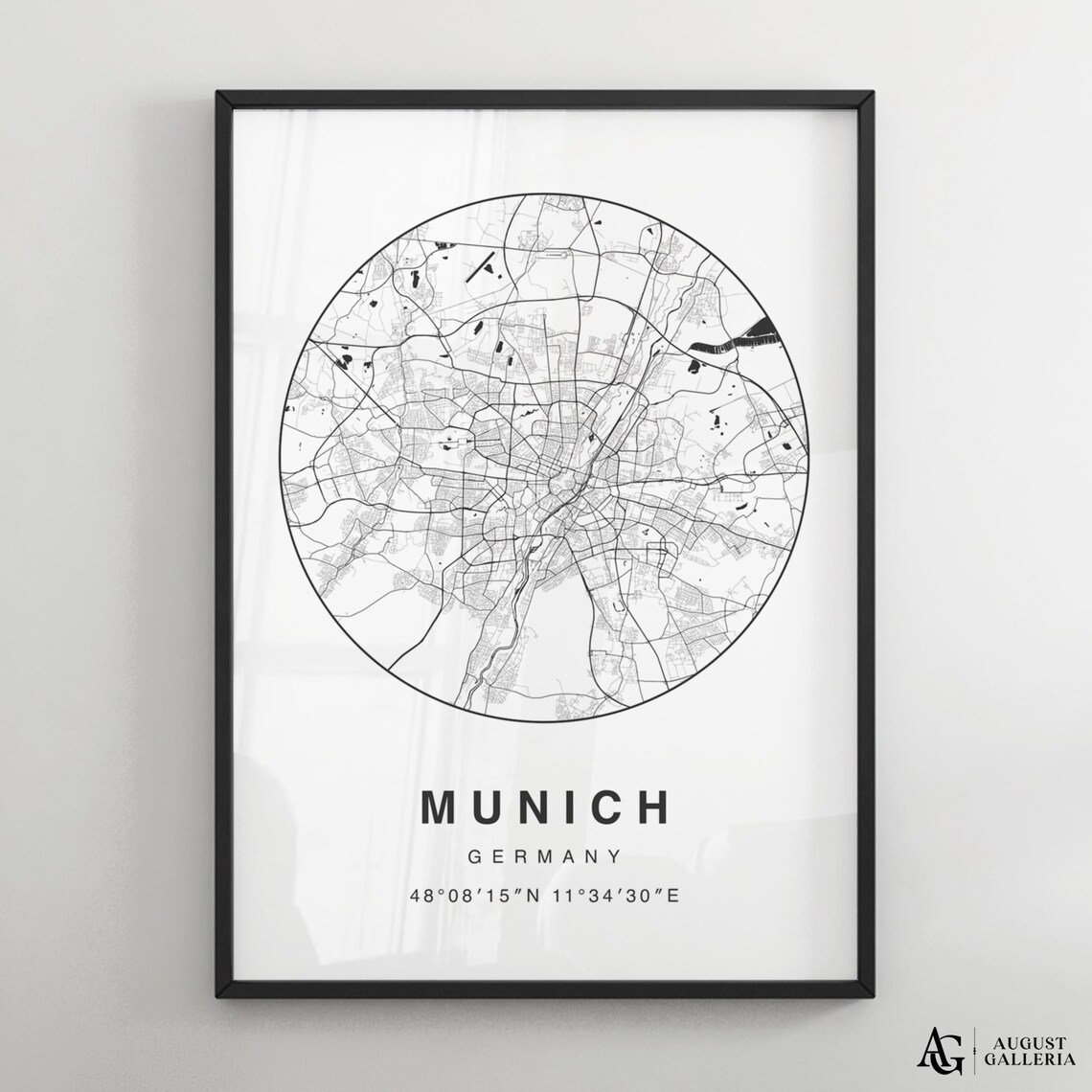 Munich Minimalist Map Art Print, Modern Black White