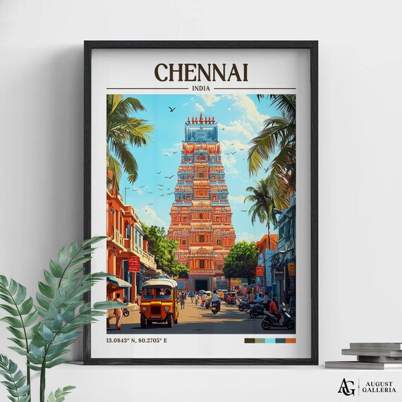 Chennai India Temple Gopuram Busy Street Vintage Travel Poster