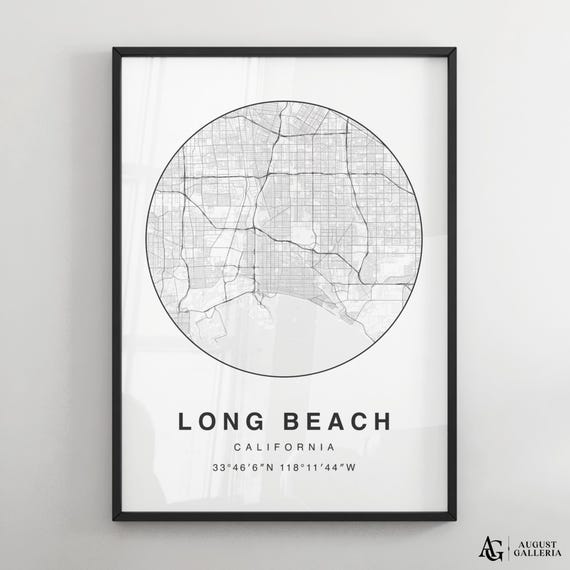 Long Beach Minimalist Map Poster, Modern Black White