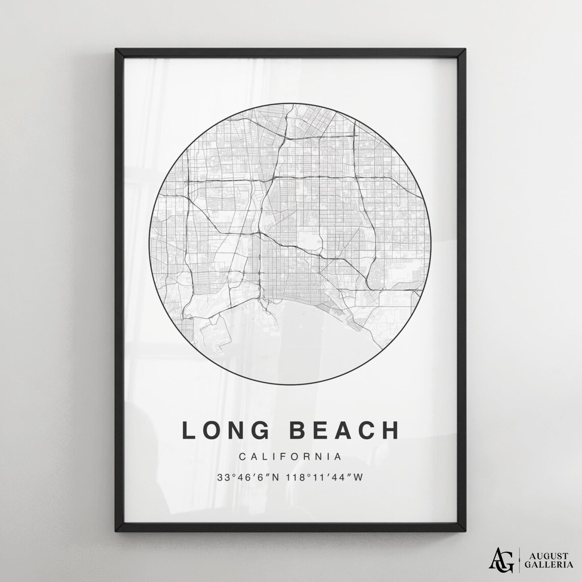 Long Beach Minimalist Map Poster, Modern Black White