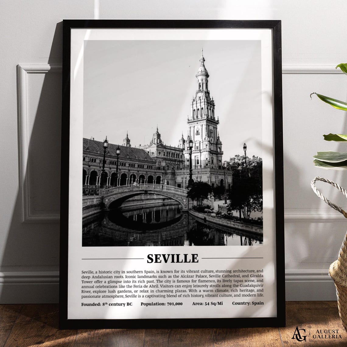 Seville Spain Black White Historic Plaza Bridge Tower Poster