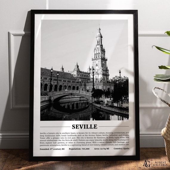 Seville Spain Black White Historic Plaza Bridge Tower Poster