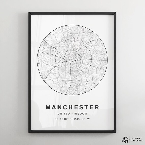 Manchester United Kingdom Circular Map Black And White Minimalist Poster