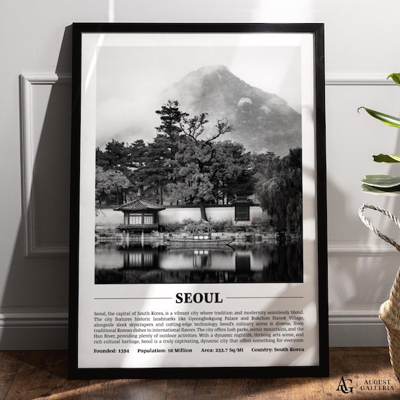 Seoul South Korea Black White City Historic Palace By Lake Poster