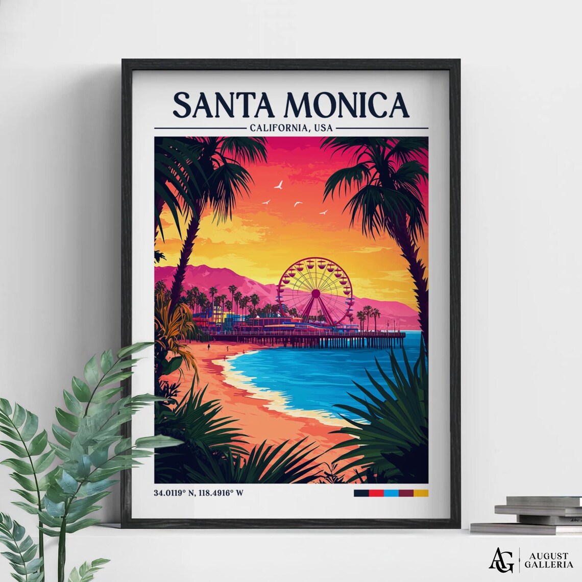 Santa Monica California Pier Ferris Wheel Sunset Retro Travel Poster