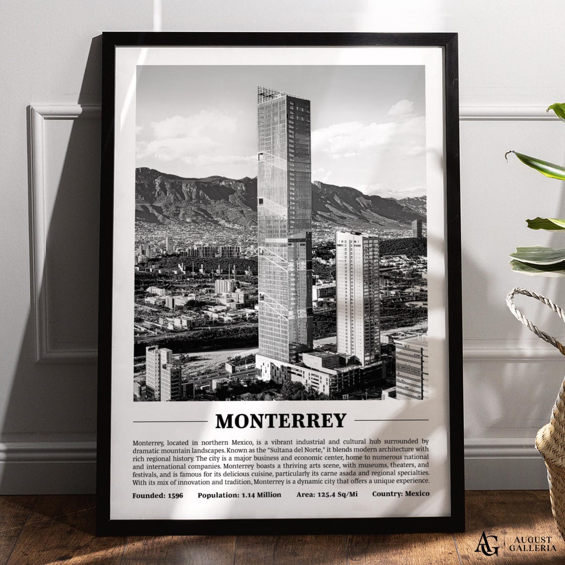 Monterrey Skyscraper With Mountain Backdrop Black And White Poster