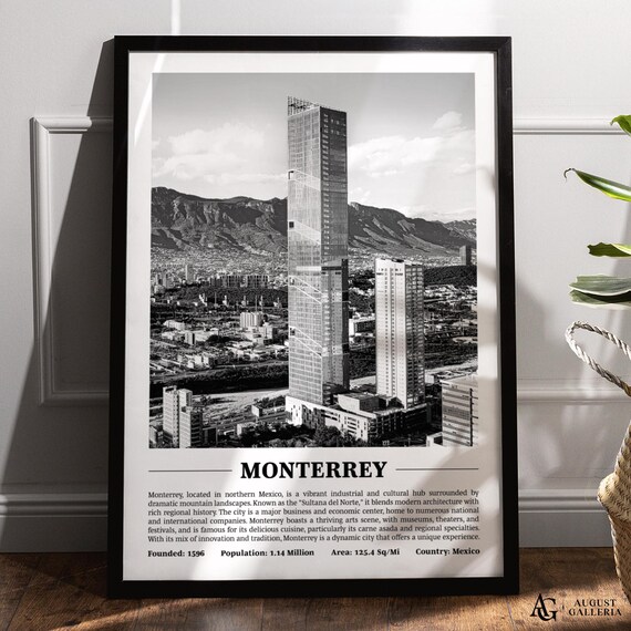 Monterrey Skyscraper With Mountain Backdrop Black And White Poster