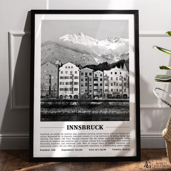 Innsbruck Snowy Austrian Alps Black and White Alpine City Poster