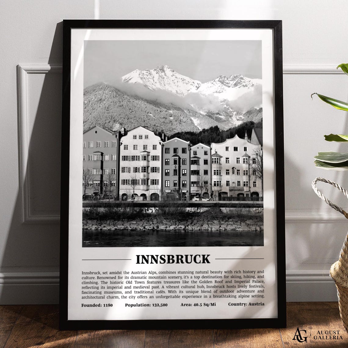 Innsbruck Snowy Austrian Alps Black and White Alpine City Poster