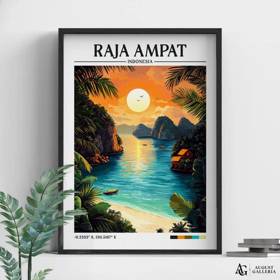 Raja Ampat Retro Travel Print Wall Art Framed Canvas Poster Illustration Wanderlust