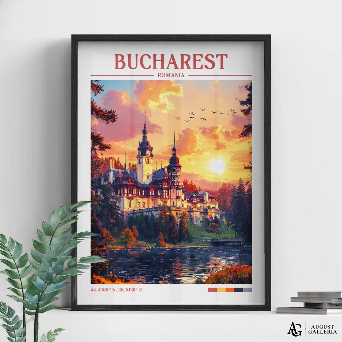 Bucharest Romania Sunset Castle Over River Retro Travel Poster