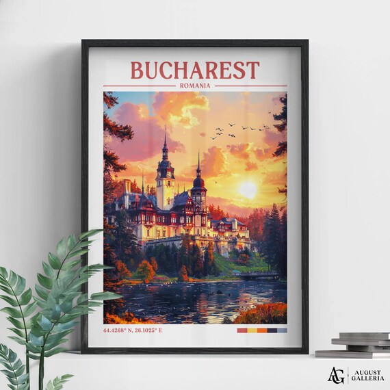 Bucharest Romania Sunset Castle Over River Retro Travel Poster