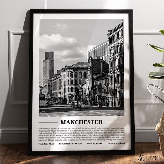 Manchester Black and White Historic Street Scene Travel Poster