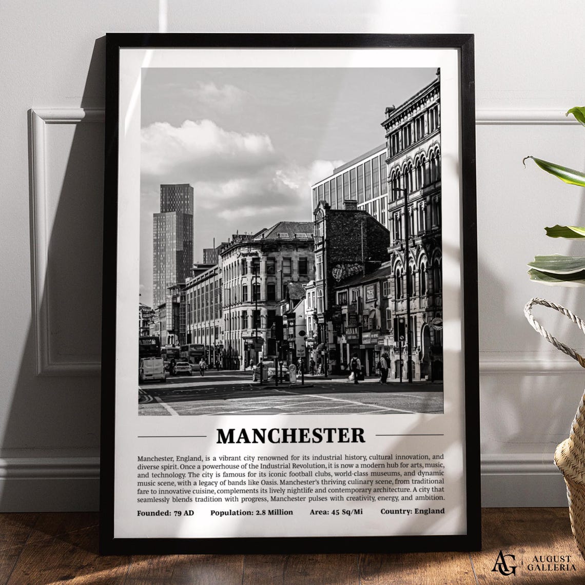 Manchester Black and White Historic Street Scene Travel Poster