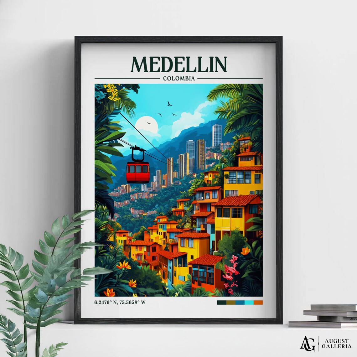 Medellin Colombia Retro Travel Poster Cable Car Colorful Hills