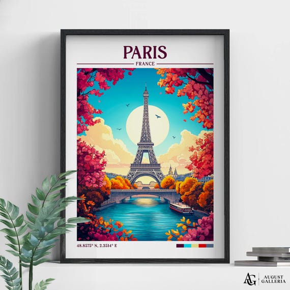 Paris France Retro Travel Print Wall Art Framed Canvas Poster Illustration Wanderlust