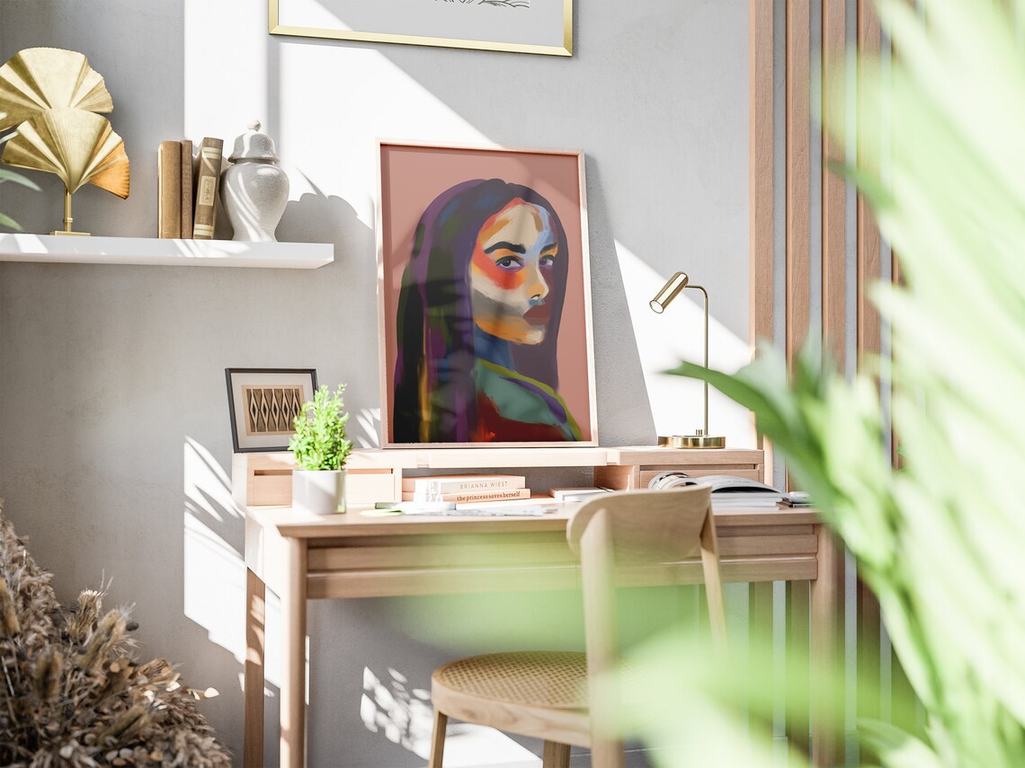 Colorful Expressionist Woman Portrait Long Dark Hair Pink Poster - Image 2