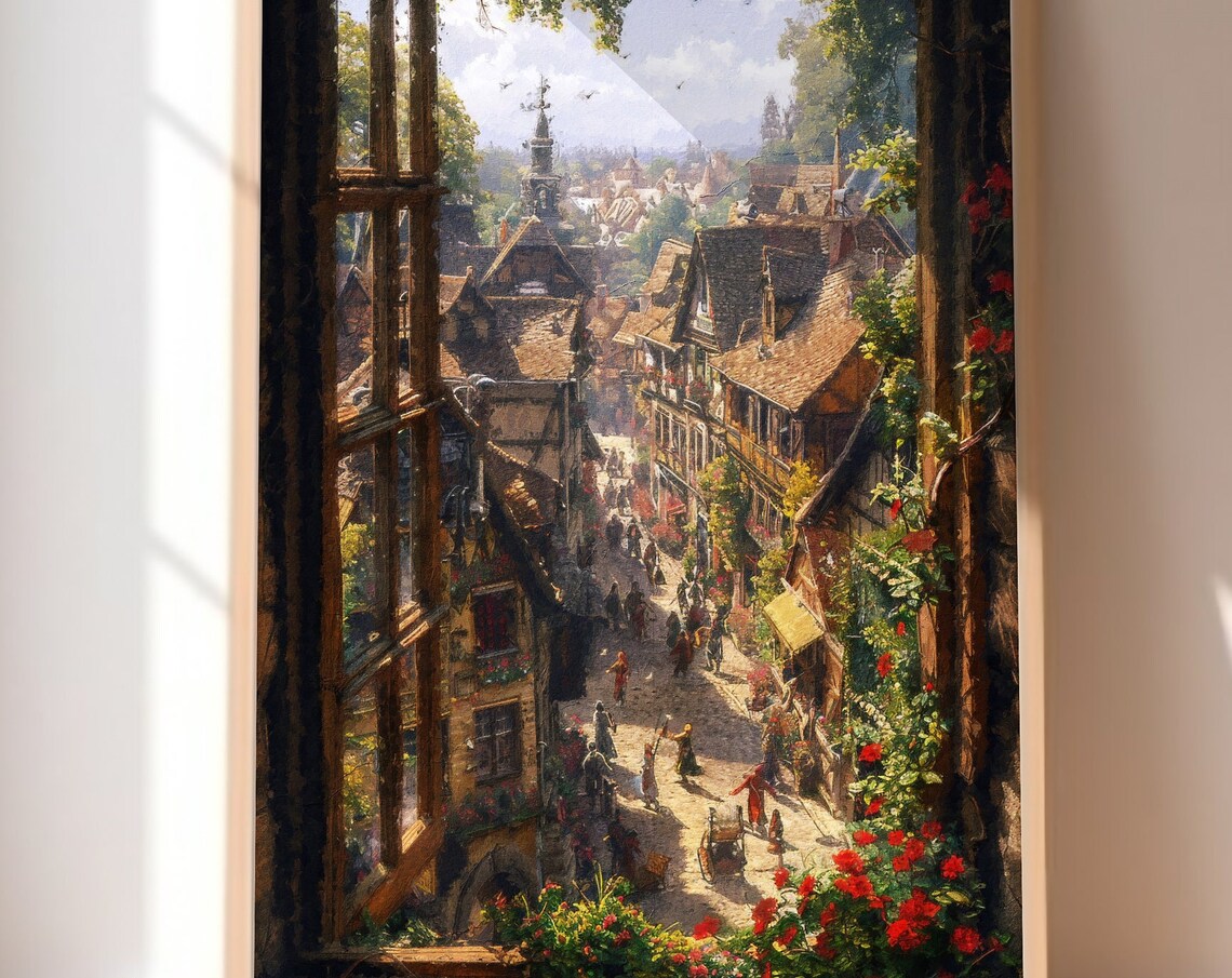 Medieval Old Town Street Seen from a Vintage Window Art Print
