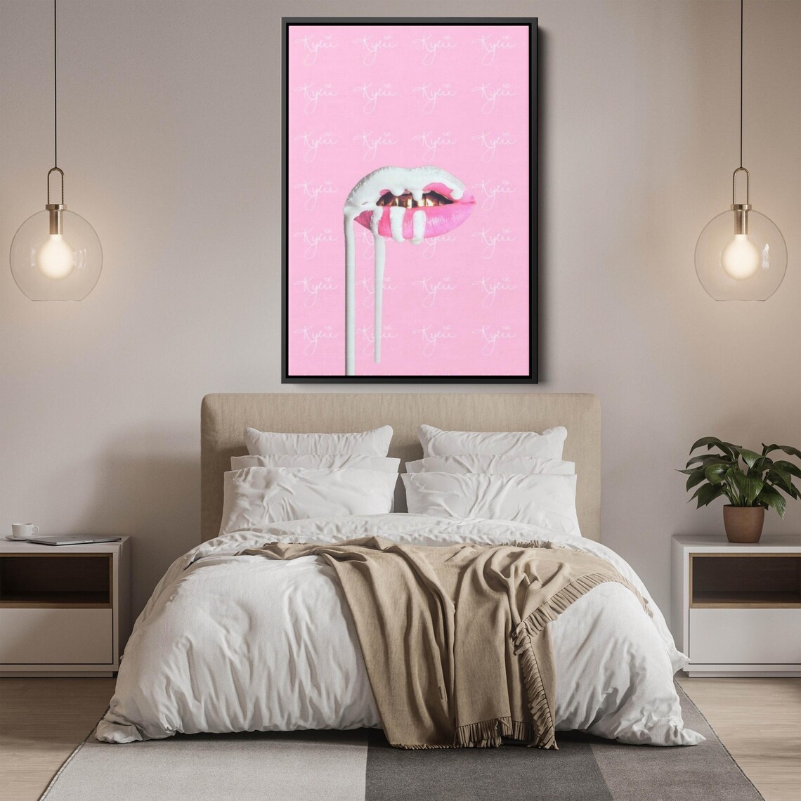 Glossy Dripping Lipstick Lips on Pink Glam Beauty Art Poster - Image 2