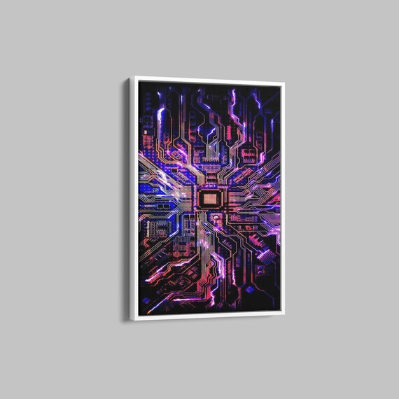 Neon Circuit Board Glowing With Purple and Pink Lights Tech Poster