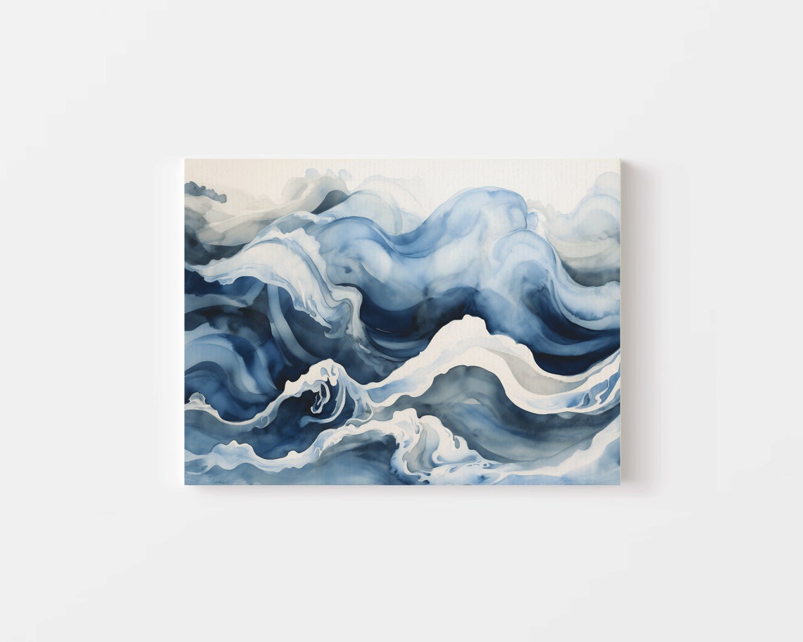 Abstract Blue Watercolor Ocean Waves Swirling Coastal Art Poster - Image 4