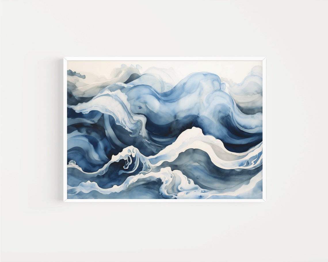 Abstract Blue Watercolor Ocean Waves Swirling Coastal Art Poster - Image 2