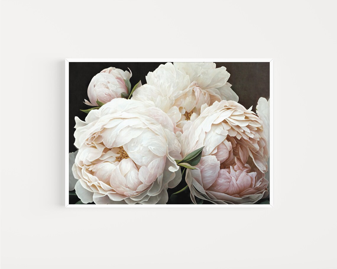 Elegant White Peonies Bouquet Painted on a Dark Background Poster - Image 2