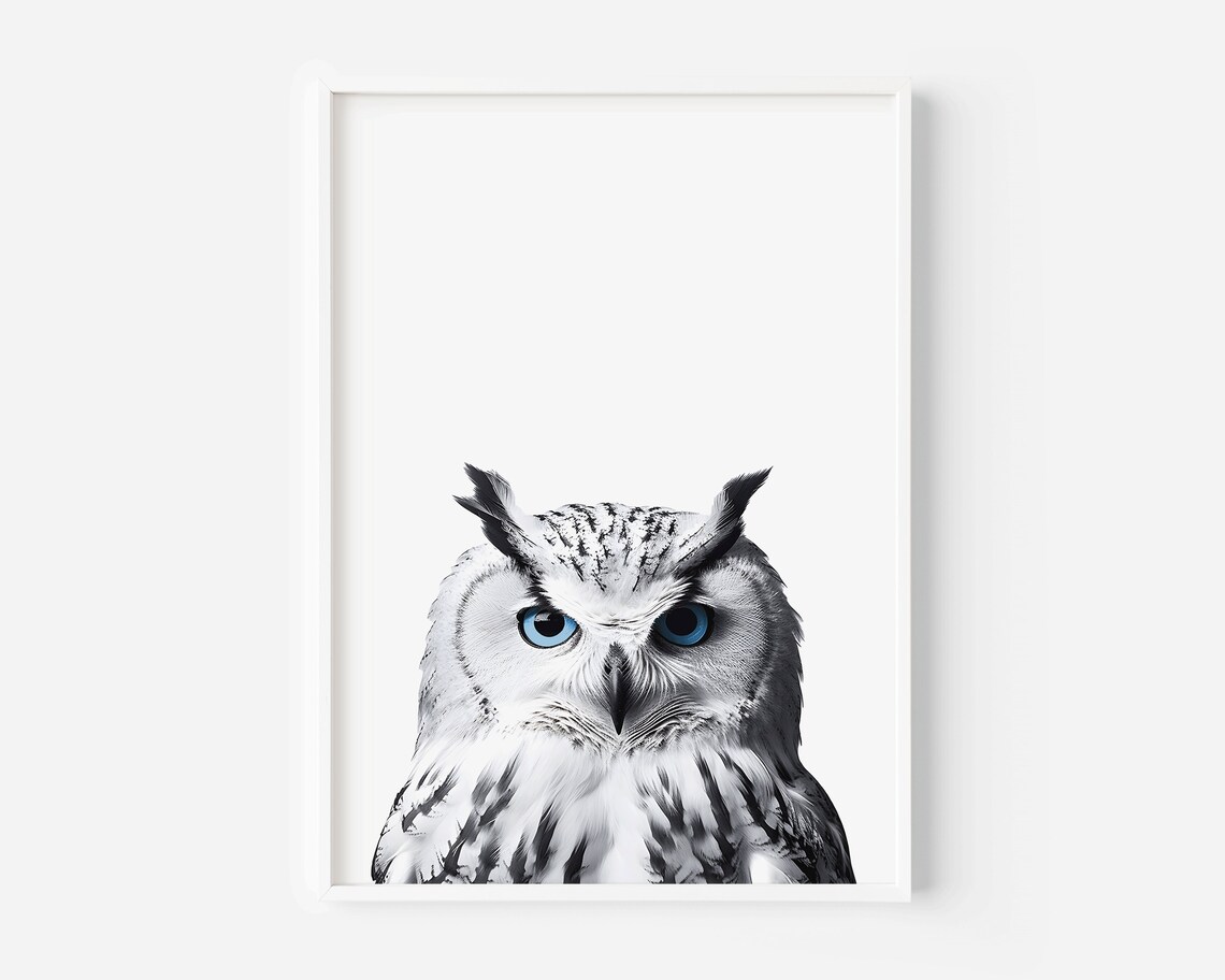 White Owl with Striking Blue Eyes Minimalist Wildlife Art Poster - Image 2