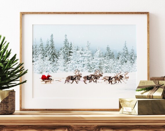 Santa Sleigh Reindeer Snowy Christmas Forest Photo Wall Poster