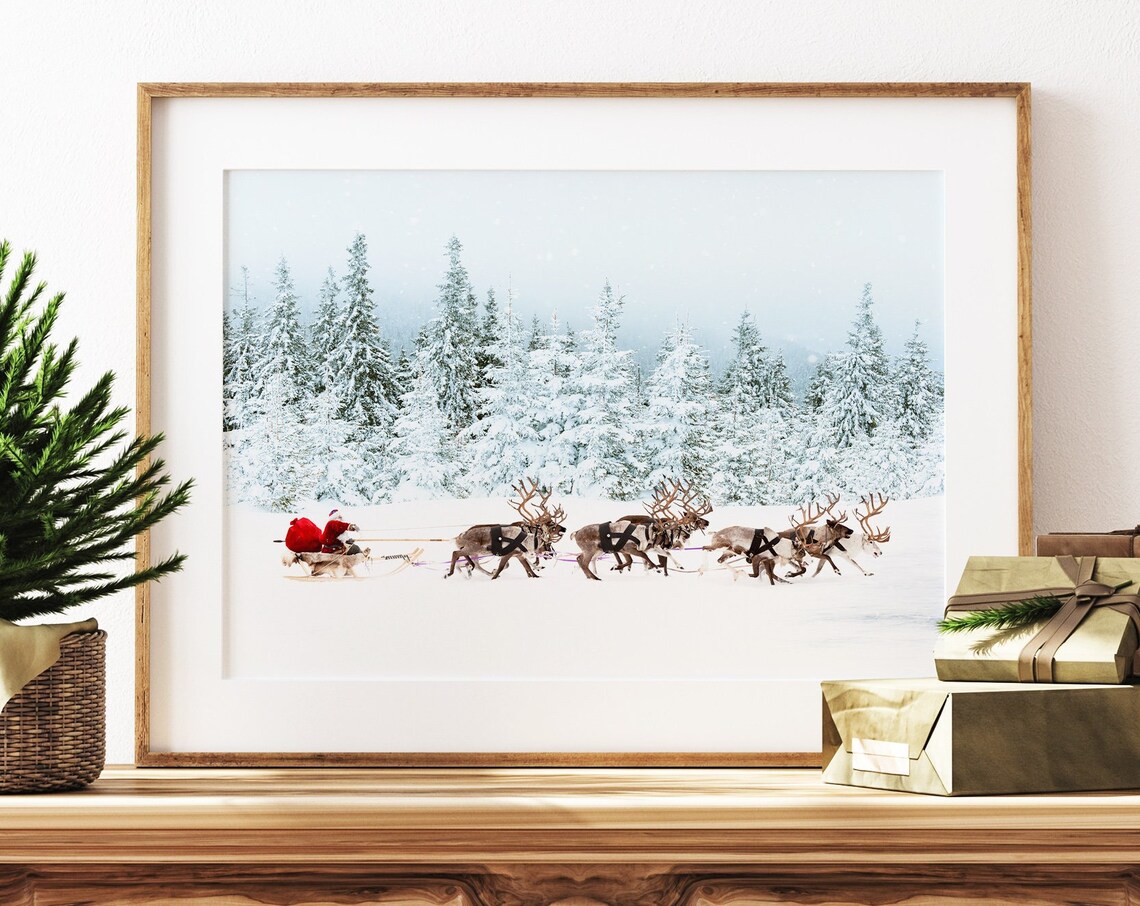 Santa Sleigh Reindeer Snowy Christmas Forest Photo Wall Poster