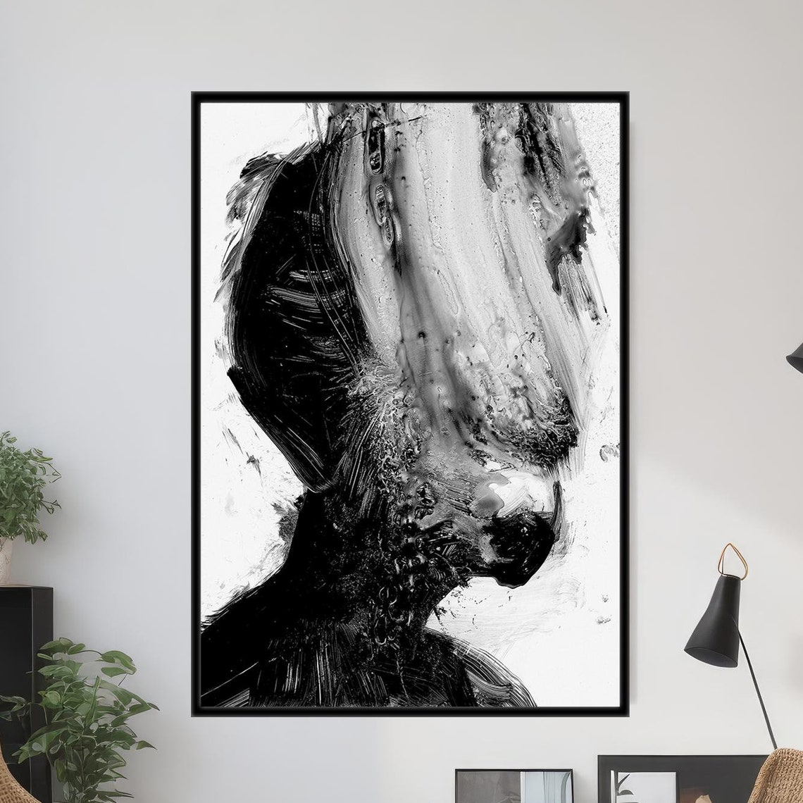 Black and White Abstract Woman Face Ink Splash Modern Art Poster